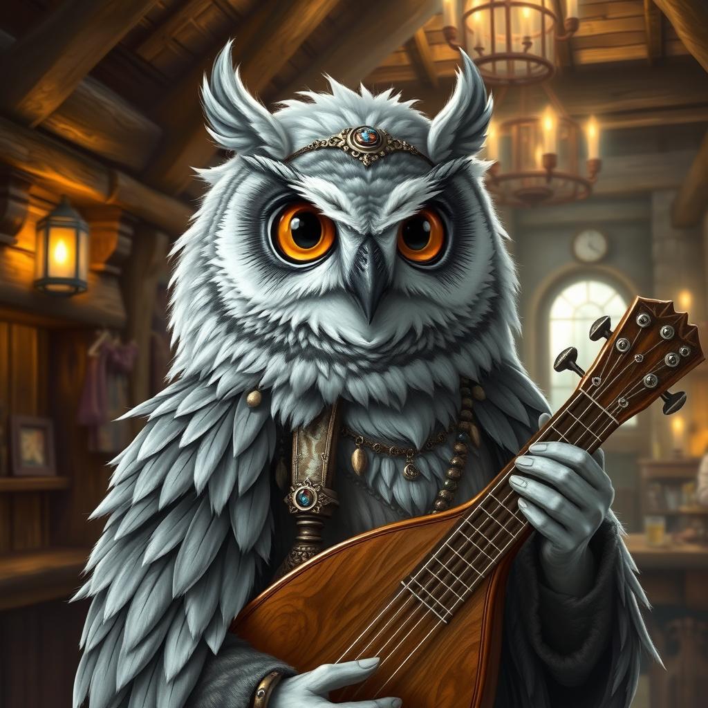 A detailed portrait of a grey owlin bard from Dungeons & Dragons, featuring soft grey and white feathers with subtle patterns reminiscent of the night sky