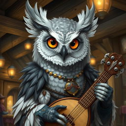 A detailed portrait of a grey owlin bard from Dungeons & Dragons, featuring soft grey and white feathers with subtle patterns reminiscent of the night sky