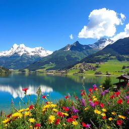 A breathtaking view of the Swiss Alps featuring majestic snow-capped mountains, lush green valleys, and picturesque chalets dotted throughout the landscape