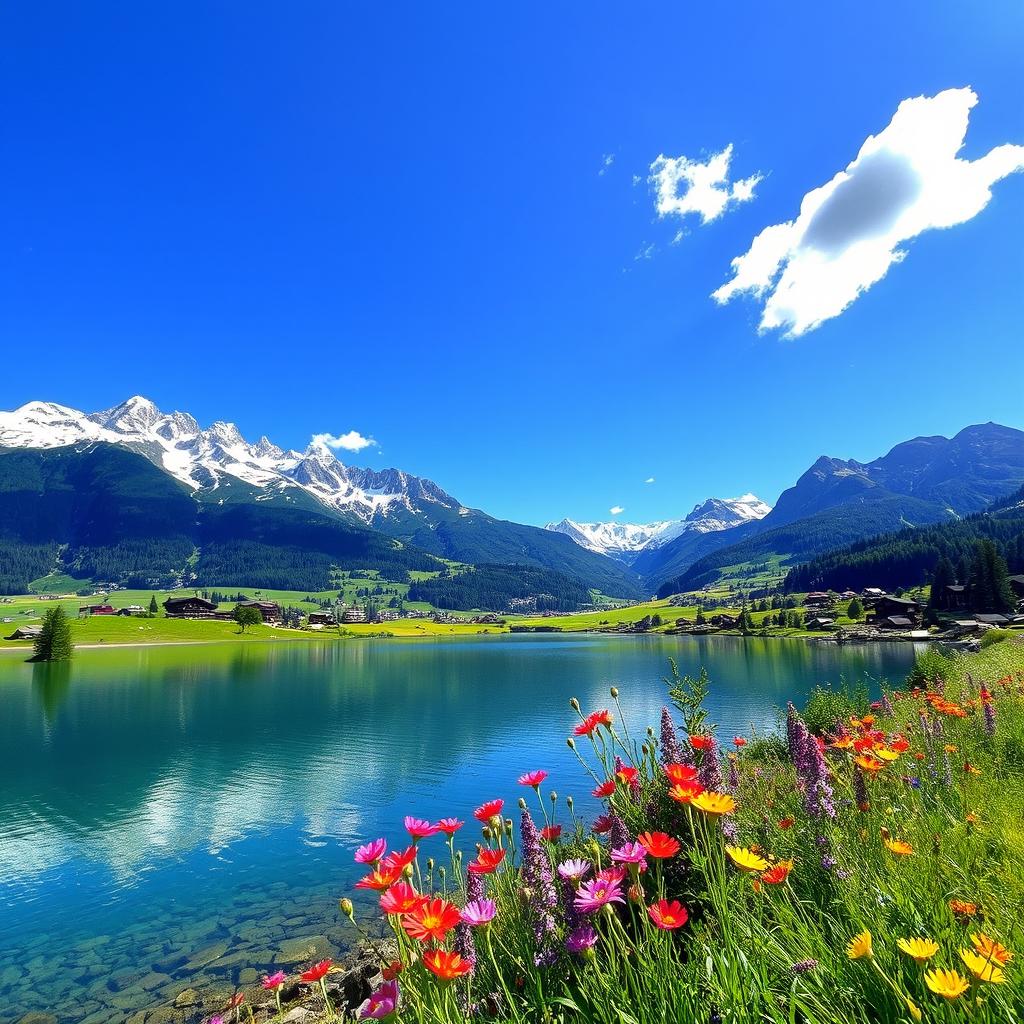 A breathtaking view of the Swiss Alps featuring majestic snow-capped mountains, lush green valleys, and picturesque chalets dotted throughout the landscape