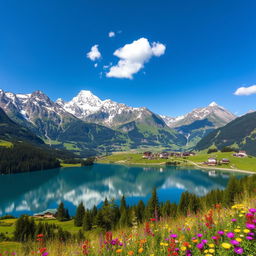 A breathtaking view of the Swiss Alps featuring majestic snow-capped mountains, lush green valleys, and picturesque chalets dotted throughout the landscape