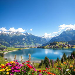 A breathtaking view of the Swiss Alps featuring majestic snow-capped mountains, lush green valleys, and picturesque chalets dotted throughout the landscape