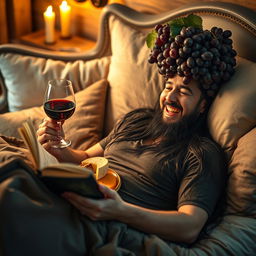 A bearded man with long black hair lounging joyfully on a luxurious bed, surrounded by plush cushions