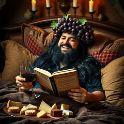 A bearded man with long black hair lounging joyfully on a luxurious bed, surrounded by plush cushions