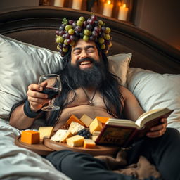 A bearded man with long black hair lounging joyfully on a luxurious bed, surrounded by plush cushions