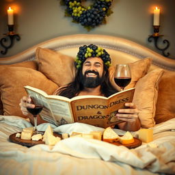 A bearded man with long black hair lounging joyfully on a luxurious bed, surrounded by plush cushions