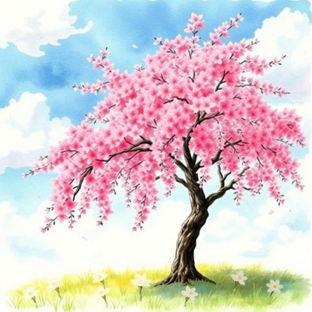 A stunning watercolor painting of a cherry blossom tree in full bloom, with vibrant pink flowers cascading from the branches