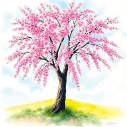 A stunning watercolor painting of a cherry blossom tree in full bloom, with vibrant pink flowers cascading from the branches