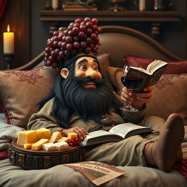 A jovial bearded dwarf with long black hair lounging comfortably on a plush bed, surrounded by rich decorative pillows