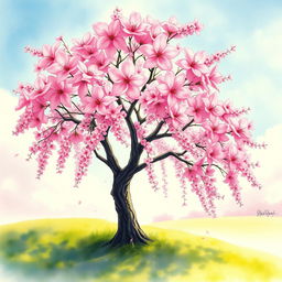 A stunning watercolor painting of a cherry blossom tree in full bloom, with vibrant pink flowers cascading from the branches