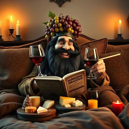 A jovial bearded dwarf with long black hair lounging comfortably on a plush bed, surrounded by rich decorative pillows