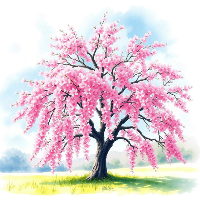 A stunning watercolor painting of a cherry blossom tree in full bloom, with vibrant pink flowers cascading from the branches