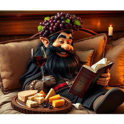 A jovial bearded dwarf with long black hair lounging comfortably on a plush bed, surrounded by rich decorative pillows