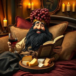 A jovial bearded dwarf with long black hair lounging comfortably on a plush bed, surrounded by rich decorative pillows