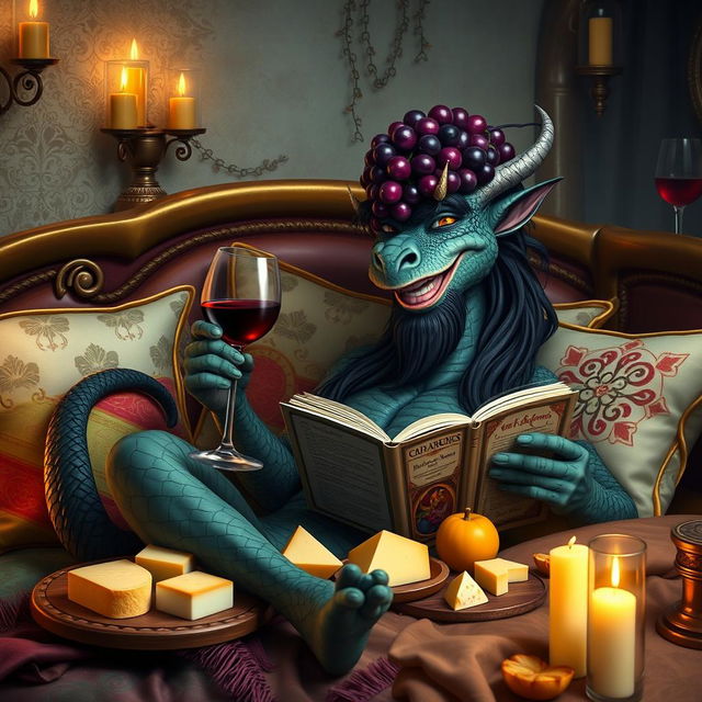 A cheerful dragonkin with a bearded, scaled face and long black hair lounging comfortably on an opulent bed, surrounded by a variety of colorful pillows