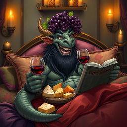 A cheerful dragonkin with a bearded, scaled face and long black hair lounging comfortably on an opulent bed, surrounded by a variety of colorful pillows