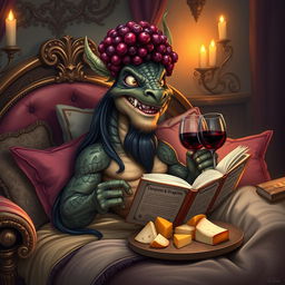 A cheerful dragonkin with a bearded, scaled face and long black hair lounging comfortably on an opulent bed, surrounded by a variety of colorful pillows