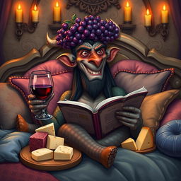 A cheerful dragonkin with a bearded, scaled face and long black hair lounging comfortably on an opulent bed, surrounded by a variety of colorful pillows