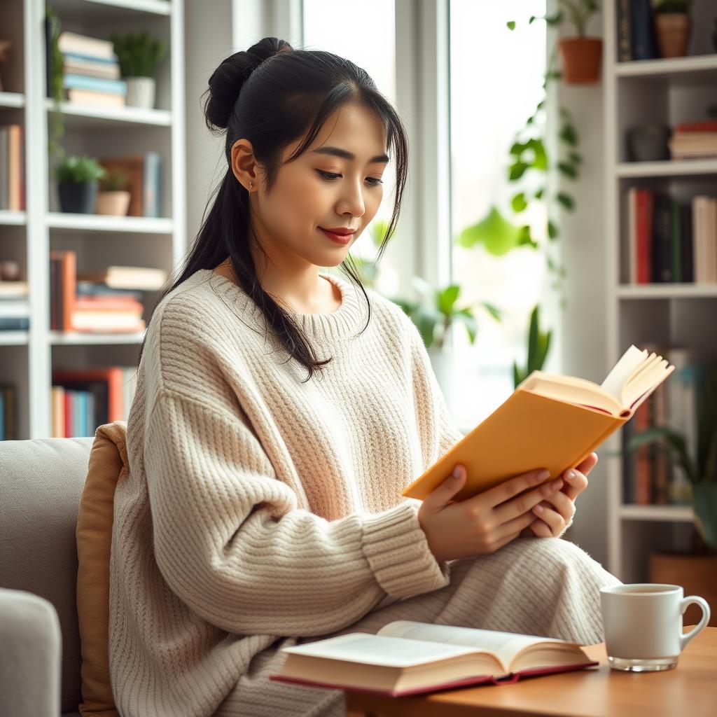 A beautiful 30-year-old Asian woman sitting comfortably at home reading a book