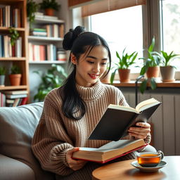 A beautiful 30-year-old Asian woman sitting comfortably at home reading a book