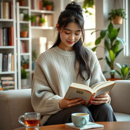 A beautiful 30-year-old Asian woman sitting comfortably at home reading a book