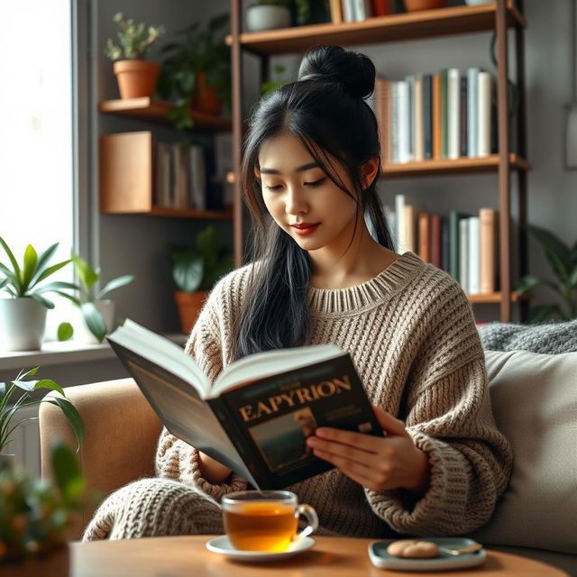 A beautiful 30-year-old Asian woman sitting comfortably at home reading a book