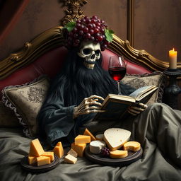 A bearded lich with long black hair lounging comfortably on an ornate bed, surrounded by plush and eerie decorative pillows