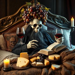 A bearded lich with long black hair lounging comfortably on an ornate bed, surrounded by plush and eerie decorative pillows