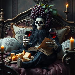 A bearded lich with long black hair lounging comfortably on an ornate bed, surrounded by plush and eerie decorative pillows