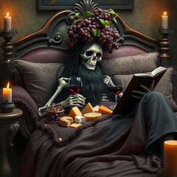 A bearded lich with long black hair lounging comfortably on an ornate bed, surrounded by plush and eerie decorative pillows