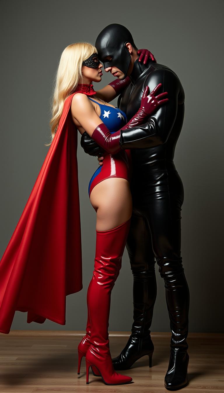 A dynamic and visually striking scene featuring a blonde superheroine adorned in a bold red, white, and blue latex swimsuit, paired with long, sleek leather opera gloves