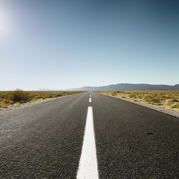 A single-lane freeway stretching far into the horizon, amidst serene landscapes and under a vast open sky.