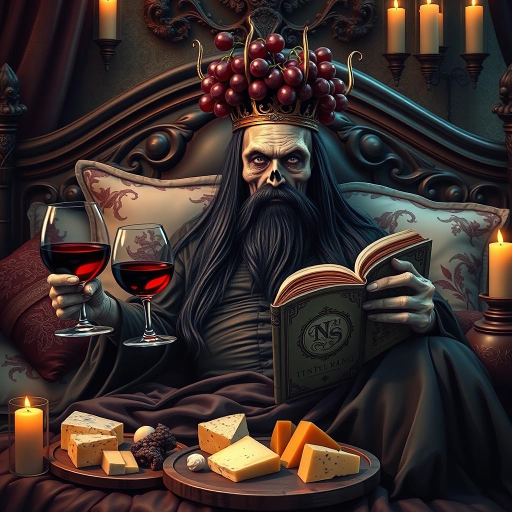 A bearded lich with long black hair lounging on an ornate bed, surrounded by plush decorative pillows