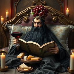 A bearded lich with long black hair lounging on an ornate bed, surrounded by plush decorative pillows