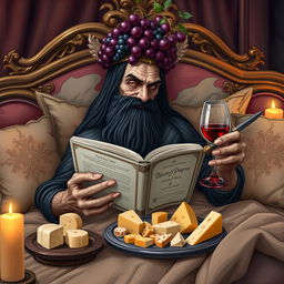 A bearded lich with long black hair lounging on an ornate bed, surrounded by plush decorative pillows