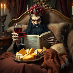 A bearded lich with long black hair lounging on an ornate bed, surrounded by plush decorative pillows