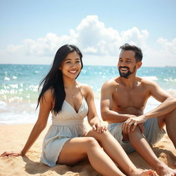 A beautiful 30-year-old East Asian woman sitting on the beach next to her husband