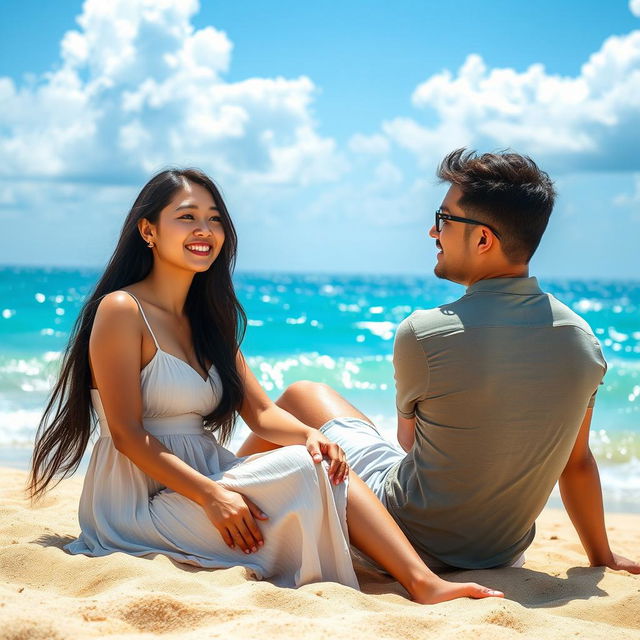 A beautiful 30-year-old East Asian woman sitting on the beach next to her husband