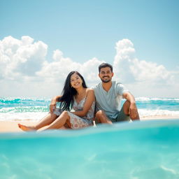 A beautiful 30-year-old East Asian woman sitting on the beach next to her husband