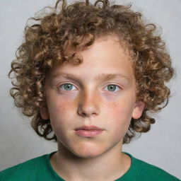 A young white boy with green eyes and curly hair.