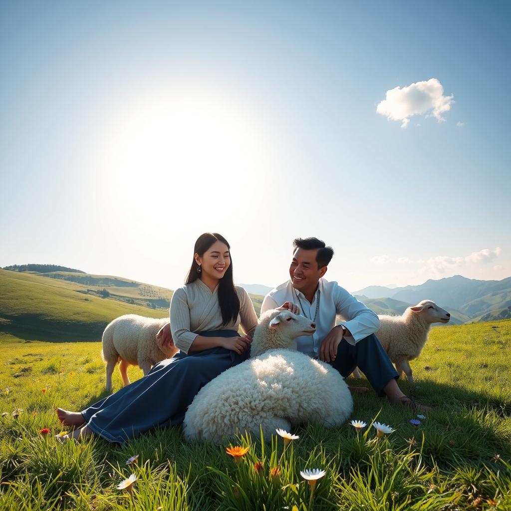 A serene depiction of a 30-year-old East Asian woman and her husband sitting on green grass, peacefully tending to sheep