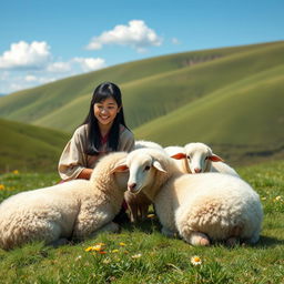 A serene depiction of a 30-year-old East Asian woman and her husband sitting on green grass, peacefully tending to sheep