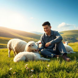 A serene depiction of a 30-year-old East Asian woman and her husband sitting on green grass, peacefully tending to sheep