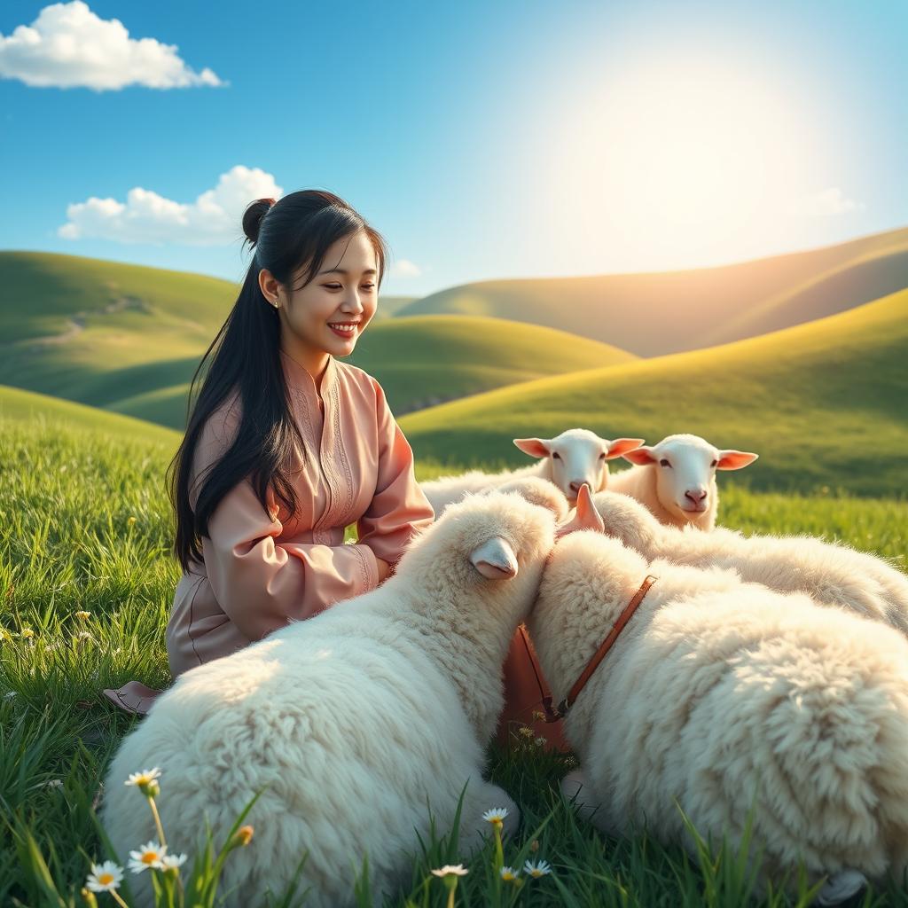 A serene depiction of a 30-year-old East Asian woman and her husband sitting on green grass, peacefully tending to sheep