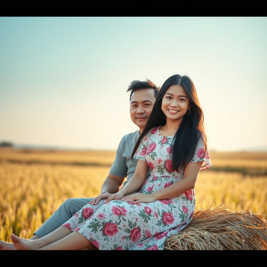 A 30-year-old Asian woman sitting on straw beside her husband in a serene rural setting