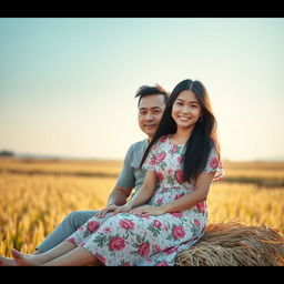 A 30-year-old Asian woman sitting on straw beside her husband in a serene rural setting