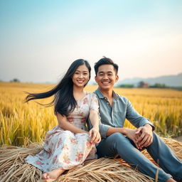 A 30-year-old Asian woman sitting on straw beside her husband in a serene rural setting