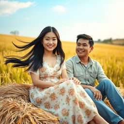 A 30-year-old Asian woman sitting on straw beside her husband in a serene rural setting