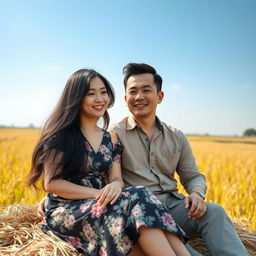 A 30-year-old Asian woman sitting on straw beside her husband in a serene rural setting