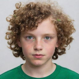 A young white boy with green eyes and curly hair.